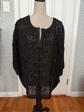 Rachel Zoe Black Sheer Metallic-Dot Split V Tunic